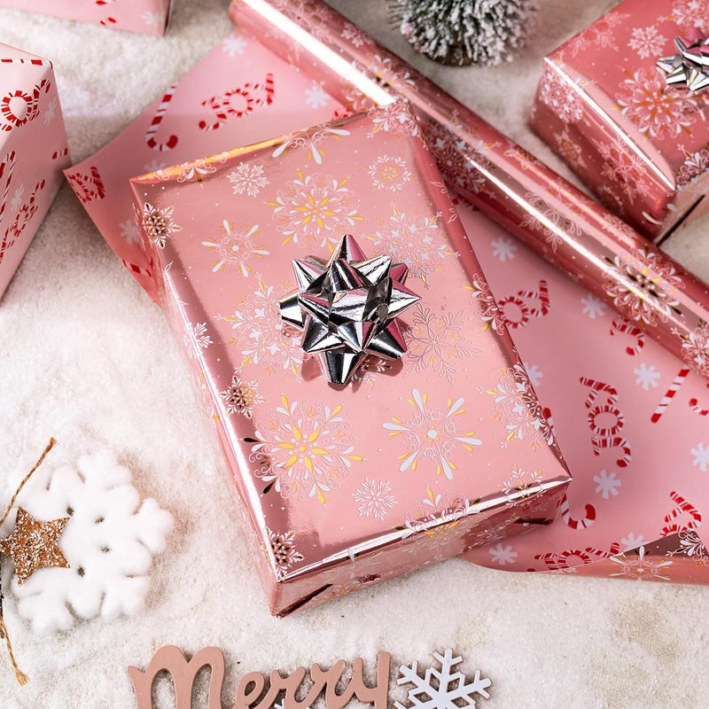 MAYPLUSS Pink Christmas Wrapping Paper Roll - 17IN X 33FT - Gift Wrapping Paper Featuring Gold and White Snowflake Reversible Candy Cane for Kids, Holiday, New Year - Image 2